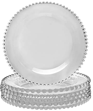 Set of 6 Clear Glass Dinner Plates Vintage Style Beaded Glass Alfresco Dining Tableware - D26.5cm (N315)
