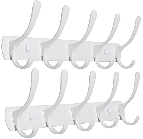 SKOLOO Perchero de pared moderno con 5 ganchos, paquete de 2, perchero de pared de metal para colgar abrigos, chaqueta, abrigo, gancho de pared blanco