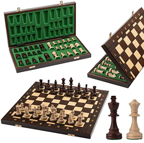 Turnier Schachspiel Holz | Master of Chess | Schachbrett Holz Hochwertig 42 cm | Figuren Staunton NO.4 und Schachbrett mit Brünierten Feldern