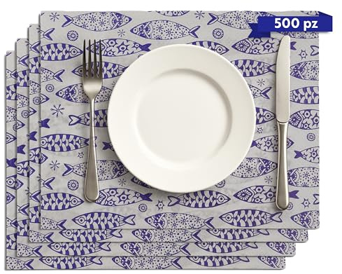 GIORDANO Cart 500 Tovagliette Carta Monouso in Carta Kraft Bianca Goffrata in Stile Pesci - Tovagliette Americane Usa e Getta Resistenti, Igeniche e Made in Italy
