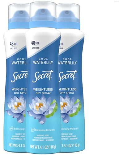 Secret Dry Spray Antiperspirant Deodorant for Women, 48hr Weightless Sweat & Odor Protection, Gentle on Skin, Waterlily & Argan Oil Scent, 4.1 oz (Pack of 3)