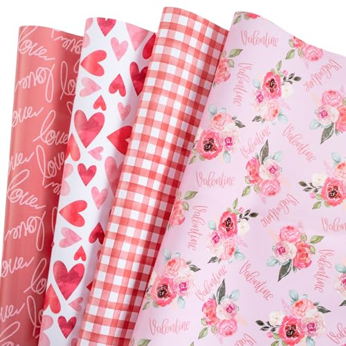 RUSPEPA Hoja De Papel De Regalo - Corazón Y Flores Rojos Y Rosados, Ideal Para El Día De San Valentín, Aniversario Y Días Festivos - 12 Hojas Plegadas - 50x70 Cm Por Hoja