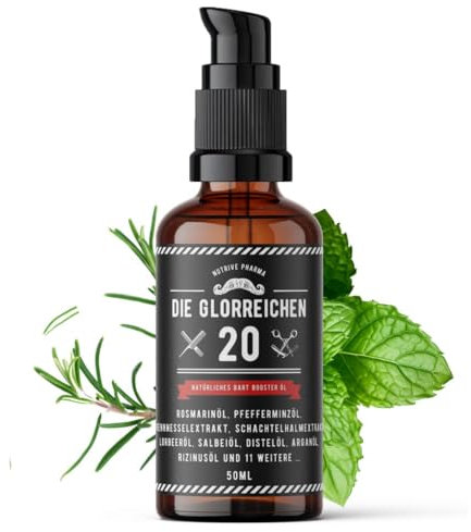 G-20 Bartöl 50ml Rosmarinöl Minzöl Bartwachstumsöl mit Brennnesselöl, Schachtelhalmöl, Salbeiöl, Lorbeeröl, Rizinusöl, Argan, Jojoba, Vitamin E und mehr, Originalserum für einen langen und dicken Bart