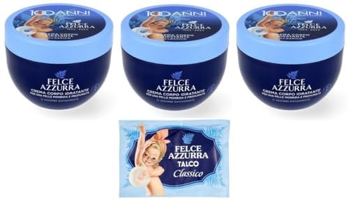 3er-Pack PAGLIERI Felce Azzurra Creme Feuchtigkeitsspendende Körpercreme Crema Corpo Idratante 250ml + 1er-Pack Kostenlos Felce Azzurra Talkumpuder, 100g-Beutel