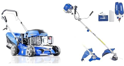 Hyundai 17/42cm 139cc Electric-Start Self-Propelled Petrol Lawnmower & 52cc 2 In 1 Garden Tool, Petrol Grass Strimmer Trimmer & Brush Cutter, 450mm Cutting Width, Shoulder Harness & Split Shaft