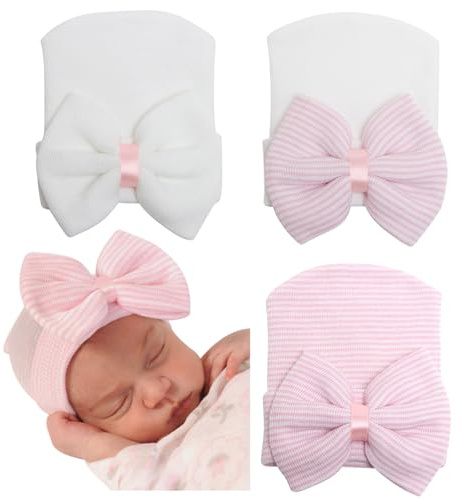 AQOKKA Newborn Baby Girl Hats with Bow No Scratch Cotton Toddler Infant Beanie Caps Soft Newborn Hospital Hat 0-3 Months