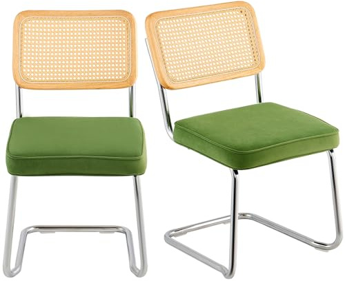 VEVOR Rattan-Stühle, 2er-Set, Moderner Esszimmerstuhl, Gepolsterter Samt-Akzentstuhl mit Rattan-Rückenlehne, Retro-Esszimmer-Küchenstuhl für Wohnzimmer, Schlafzimmer, Lesezimmer, Grün