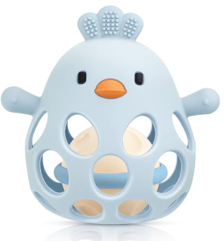 HOTUT Sonaglio Silicone Neonato,Palla Sonaglio per Bambini Femmina Maschio per Neonati, Palla a Presa per Bambini, Senza BPA - Blu