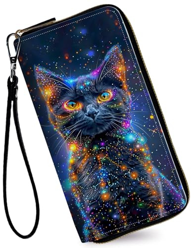 RAUEDWDJS Damen-Geldbörse, Kreditkartenhalter, Geld, Leder, lange Geldbörse mit Handgelenk, großes Fassungsvermögen, mit umlaufendem Reißverschluss, für Damen, Mädchen, Leuchtende schwarze Katze,