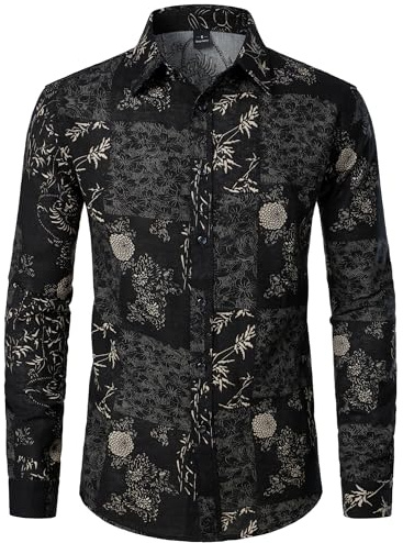 PARKLEES Men's Floral Printed Long Sleeve Shirts Retro Pattern Printed Cotton Linen Button Down Shirt Black Leaves Large