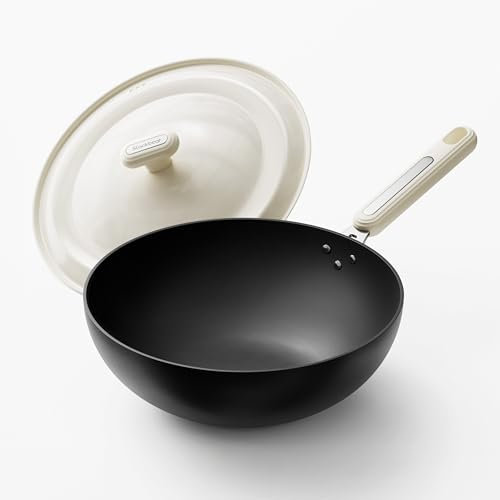 Carbon Steel Wok Pan - 11.8 Inch Pre-Seasoned Flat Bottom Chinese Woks & Stir Fry Pans with Lid, Lightweight Kitchen Cookware for All Stovetops, Gas, Electric, Gift for Women/Mom with Spatula Spoon