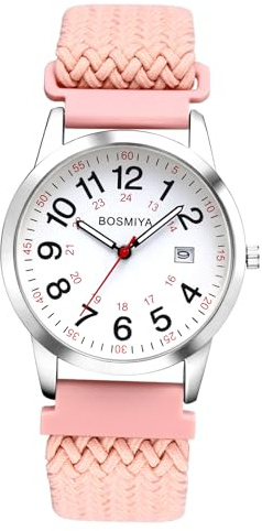 Lancardo Braided Elastic Strap Watch: Analog Quartz Adjustable Pink Band Arabic Large Dial Casual Wristwatch for Men Women Easy-to-Read