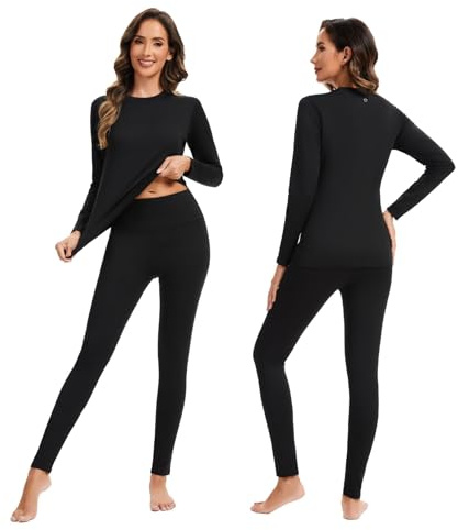 AMZSPORT Ropa Interior Térmica para Mujer - Conjunto de Invierno con Camiseta de Larga Manga y Pantalones, Funcional y Transpirable para Esquí Negro XL
