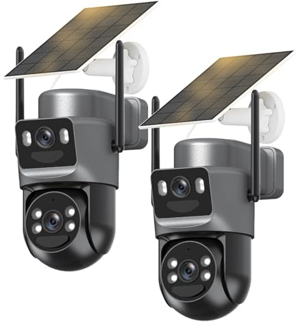 8MP Telecamera di Sorveglianza WiFi Esterno Senza Fili Doppio Obiettivo, 4K Rilevamento Umano con Pannello Solare,360° PTZ Telecamera IP,2.4G/5GHz,Monitoraggio Automatico,Visione Notturna Colore,2PCS
