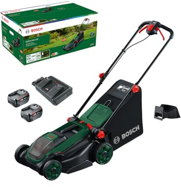 Bosch Akku-Rasenmäher ROTAK18V2-38 (Schnittbreite: 38 cm, Schnitthöhe: 30-75 mm, 40 l Stoff-Grasfangkorb, Mulchstopfen, inkl. 2 x 18V Akku und Ladegerät)