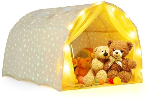 GOPLUS Tienda de Cama Infantil con Dosel y Luces de Estrellas | Carpa de Juego Infantil con Tela Brillante, Franela Lavable, Portátil para Cama Doble, Interior, Niños de 3+ Años