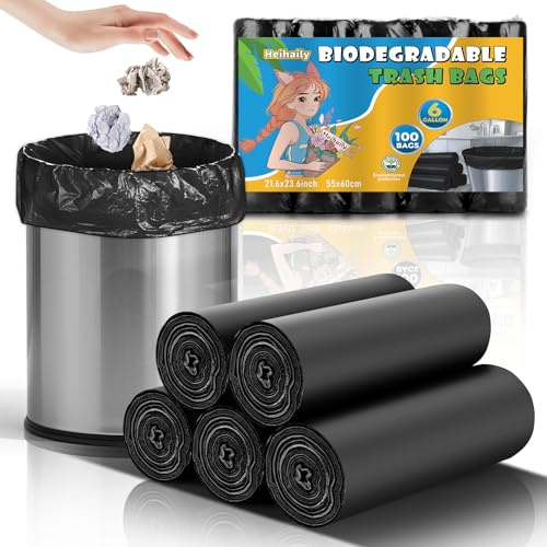 6 Gallon Heavy-Duty Trash Bags - heihaily Biodegradable Black Medium Kitchen Garbage Bag Unscented Rip Resistant Bulk Strong Recyclable Wastebasket Liners (5 Rolls, 100 Count)