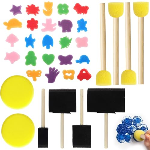 JOVYTH 34 Piezas Pinceles Redondos Esponja Niños Esponjas Redondas Pinceles Esponja Pintar Pintura Acrílica Manualidades Garabatos Infantiles