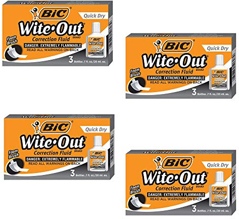 BIC Wite-Out Quick Dry Correction Fluid - 3 per Pack (BICWOFQD324), 4 Pack