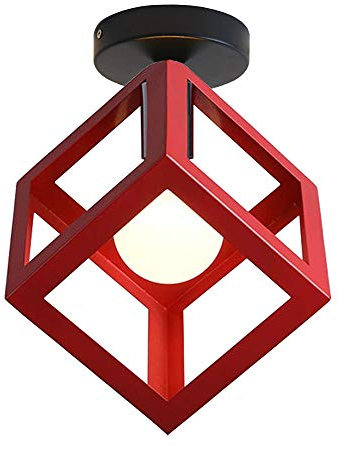 iDEGU Plafonnier Luminaire Moderne Lustre Forme Cage Lampe de Plafon Vintage Abat-jour de Style Géométrique en Métal E27 Éclairage pour Chambre Salon Restaurant, Forme de Cube,16CM, Rouge