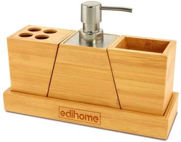 Edihome, Seifenspender Holz, Badezimmer Set, Bad Accesoires, Bad Zubehör, Bathroom Accesories, Bambus, 1x Seifenspender, 1x Zahnbürstenhalter, 1x Zahnputzbecher, 1x Untersetzer