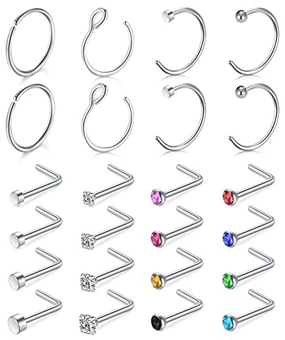D.Bella L Shaped Nose Stud Stainless Steel Nose Rings Hoop Nose Piercings 24Pcs Nose Ring Stud Piercing Jewellery Set