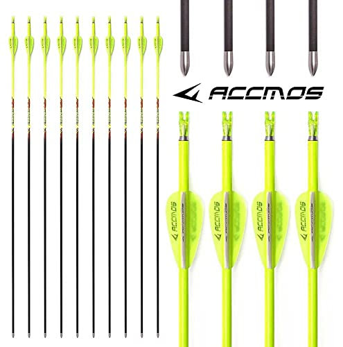 ACCMOS Spine 400 ID 4,2 mm Bogenschießen Pfeile, für Compound Bogen Recurve Bögen Jagd Schießen Orange oder Gelb Carbon Pfeil 12 St (32inch, YW Spine 400)