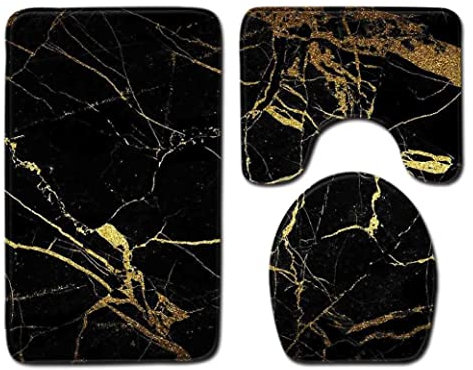 CUCUFA Badezimmer Teppichs Badematte Set Mable Toilettensitz Abdeckung Matte Deckel Abdeckung Schnell trockener Badeteppiche Polyester für Schlafzimmer und Dusche Schwarz Gold 50 x 80 cm