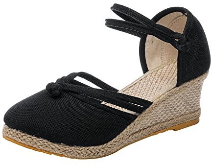 Alueeu Sandalias Mujer Verano 2023 Cuña Comodas Alpargatas Zapatos Casual Hebilla Fiesta Clásica Elegantes con Pala Cerrada Exterior Forrada de Yute Romano Sandalias de Playa, 05 Negro, 41 EU