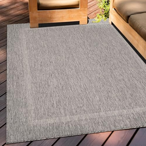 Teppium Outdoor Teppich Wetterfest 250x350 (240 x 340 cm) Grau Sisal Optik - Küchenteppich Waschbar rutschfest, Wasserfest, Bordüre, Pflegeleicht - Ideal für Balkon, Terassen, Garten, Camping, Küche