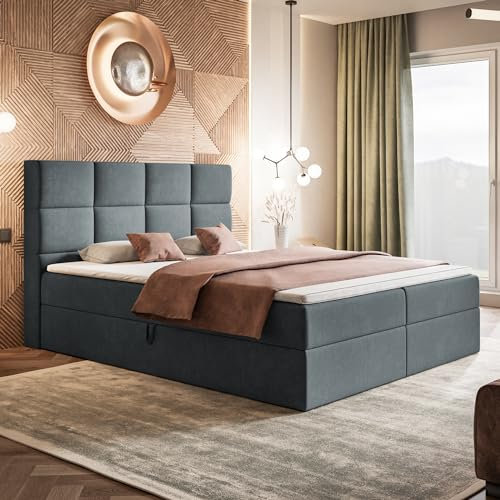 MOTIVENA Alpha Lit Boxspring 180x200 Complet avec Matelas (Ressorts Ensachés H3) et Surmatelas (T28 Mousse de Confort H3), avec Rangement, Velours, avec Tête de Lit Coffre 180x200 Gris Anthracite