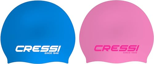 CRESSI Ricky Jr Swim Cap Bundle - Two Junior Swimming Caps, Light Blue/White + Pink/Pink, One Size