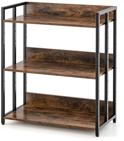 GIANTEX Bücherregal Industrial, Standregal 3 verstellbaren Ebenen mit Schutzklappen, Lagerregal Aufbewahrungsregal aus Holz & Metallrahmen, Multifunktionales Beistellregal 70 x 35 x 81 cm (Braun)