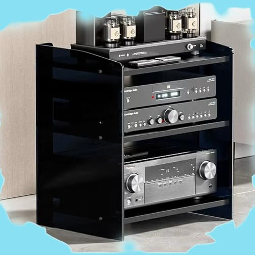 ZIUSFAC Support HiFi Étagère Acrylique Meuble HiFi 3/4 Couches Audio Rack Stéréo Lecteur DVD Etagère Media Stand Enceinte Cinéma Centre De Divertissement Appareils(Dark+Black,40x52.2x60.6cm)