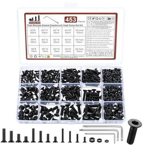450 Pcs M3 M4 M5 Vis à Tête Fraisée à Torx, Vis Boulons et Écrous Kit, Boulons vis à Torx, vis boulons à Tête Plate Torx avec Ecrous Assortiment Kit pour Réparation, Noires, avec Clé