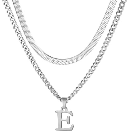 ZENGSING Collier pour hommes avec lettres initiales, chaîne cubaine en acier inoxydable et argent, chaîne serpent ajustable avec pendentif lettre A-Z, collier en chaîne superposée pour hommes (E)