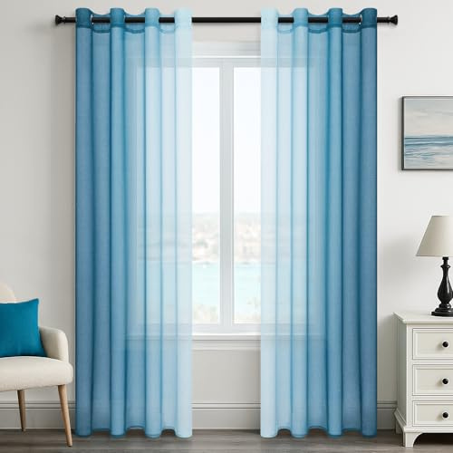 MRTREES Gardiner voile med öljetter vardagsrum moderna set om 2 färggradient blått, gardin transparent öljettskynke 240 cm långa 140 cm breda gardiner, transparenta för sovrum, barnrum
