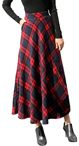 Wollrock Damen Winter Warm Winterrock Damen Lang A-Linie Rock Kariert Elastische Taille Damen Bequem Plaid Wool Skirts Vintage Rock Lang Karierter Faltenrock Damen Swing Karierter Wollrock Für Damen