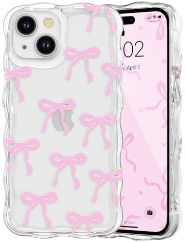 QLTYPRI Etui pour iPhone 14, Coque Transparente pour Filles et Femmes avec Nœud Ruban et Vague Bouclée, Housse Nœud Papillon Esthétique Protectrice en Silicone Souple TPU Antichocs - Rose