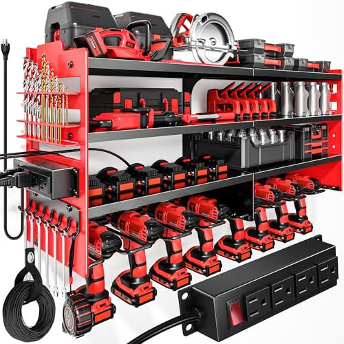 POKIPO Large Power Tool Organizer Wall Mount with Charging Station,4 Layer Heavy Duty Metal Tool Storage Shelf Loads 600lbs,Battery Utility Rack With 4 Outlet Power Strip with 8 Cordless Drill Holder