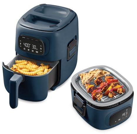 Dash Flip & Fry™ Digital 2-in-1 Grill & Air Fryer - Has AirCrisp® Technology - Digital Touchscreen, Ceramic Nonstick Grill Plate & Special Dehydrate Function - 3 Quarts - Navy