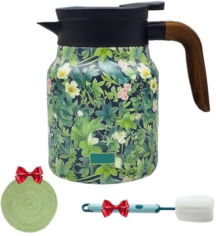 1000ml Edelstahl-Thermokanne mit Vintage Floralmuster & Integriertem Kräutertee-Sieb – Isolierte Warmhaltekanne für Heiß- und Kaltgetränke, 2-fach Filter-Technologie + Elegant Design (green)