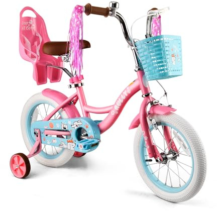 RULLY 16 Inch Girls Bike with Training Wheels, Pink Kids Bicycle with Basket & Doll Seat for 4 5 6 7 Years Old Toddlers, Children's Bicycle for Beginners
