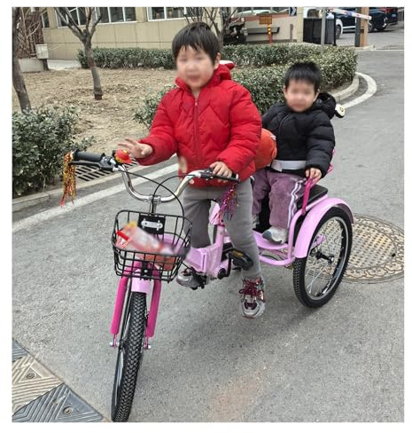 3 - 11 Age Tricycle Rickshaw Single Brake on Front Wheel, Cruiser Tricycles/ Tandem Trike Bike with Back Seat & Basket, Toddler/ Kids/ Childs Heavy Duty 3 Wheels Bicycle Foldable Portable(Pink,20in)