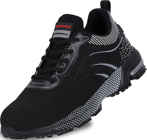 ELIWORX Zapatos de seguridad para hombre S1 PL de malla transpirable - Onyx Pro - Con puntera de acero, entresuela de kevlar resistente a la penetración, especialmente antideslizante, Negro , 48 EU