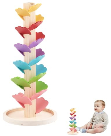 Holz Regenbogen Klangturm - Holz Regenbogen Montessori Musikbaum mit Murmelbahn für Kinder Babys, Geschenk für Mädchen Junge, Motorikspielzeug Babyspielzeug