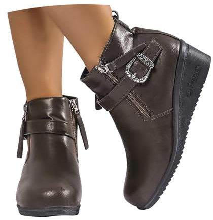 LDXEQIZ Botas Cortas Vintage con Hebilla Metálica Botines De Plataforma For Mujer Ankle Boots Cómodos con Tacón De Cuña Botines Moteros De Cuero De PU 2025 Zapatos De Tobillo Talla Grande(41 EU)