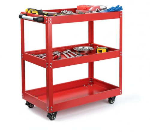 Denny 3-Tier Tool Trolley on Wheels – Lockable Rolling Tool Storage Cart with Handle, Heavy-Duty Garage & Workshop Organizer for DIY and Service Tools (RED)