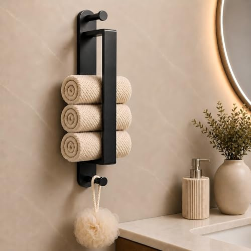 Alyvisun 45CM Porte-Serviettes Mural Salle de Bain,Auto-adhésif Porte-Serviettes en Acier Inoxydable 304 avec Crochets Doubles, pour Salle de Bain et Cuisine,Noir Mat