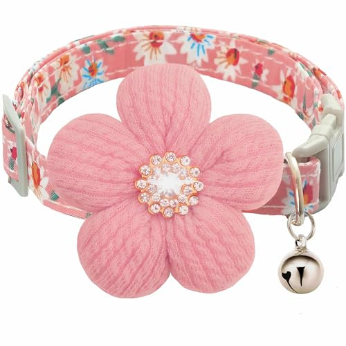 Collare per Cani Regolabile conFiori 3D, Collare Cane Taglia Piccola con Strass, Collare Cane Femmina di Fiori Decorativo con Campana, per Gatti, Cuccioli Piccola (Rosa)